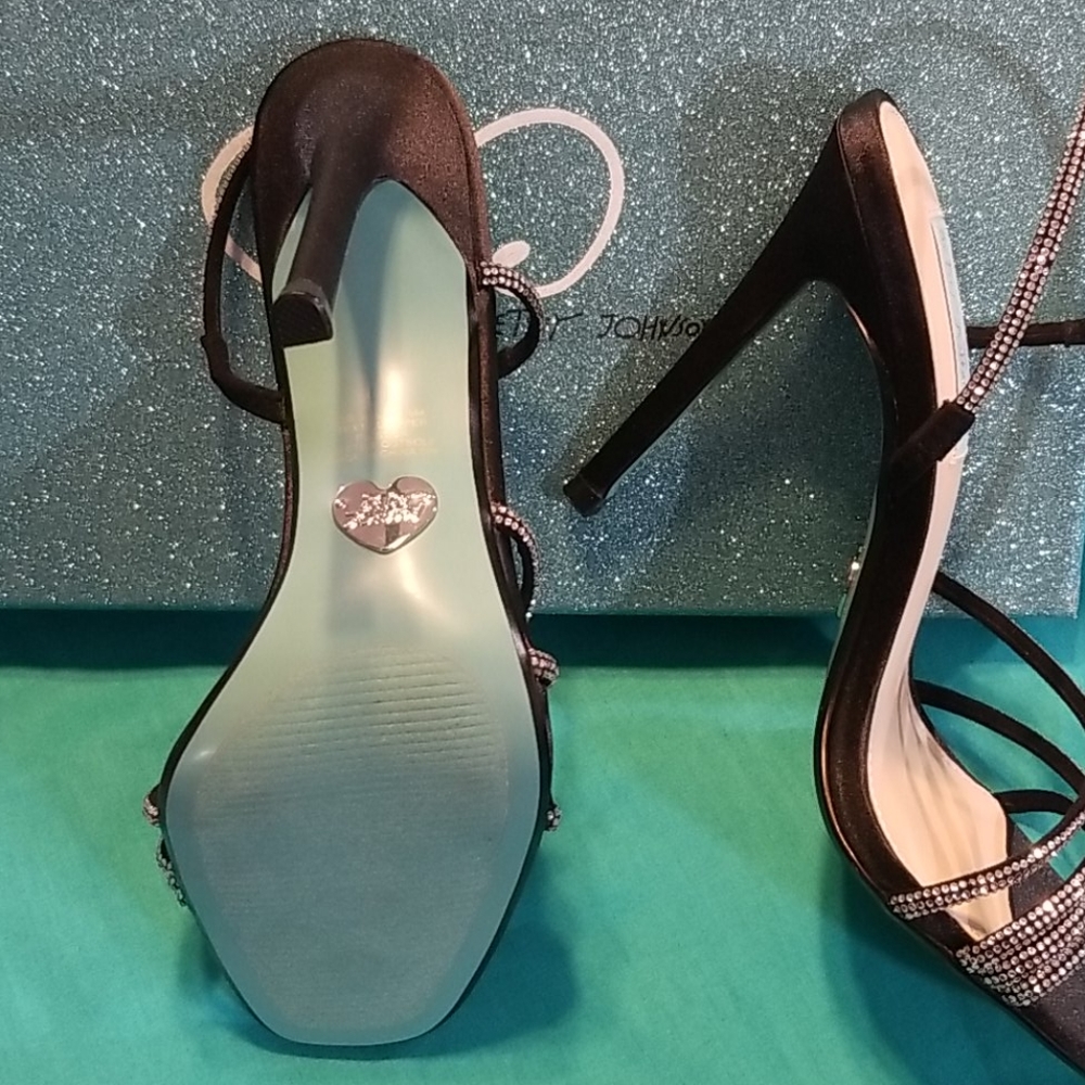 Betsey Johnson Blue Jessa Brown Satin Rhinestone Stiletto Sandals Square Toe 7.5 - Picture 4 of 12